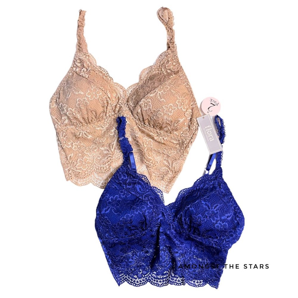 Flora by Flora Nikrooz Floral Lace Nude & Royal Blue Longline Bralettes